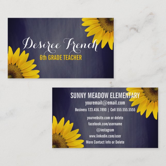Social Media | Sunflowers Chalkboard Teacher Business Card (Front/Back)