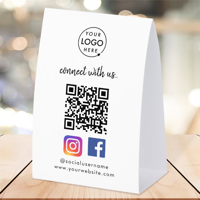 Social Media Table Tent Sign | Instagram Facebook (Connect with us QR code tabletop signage to promote your social media - Instagram, Facebook & more!)
