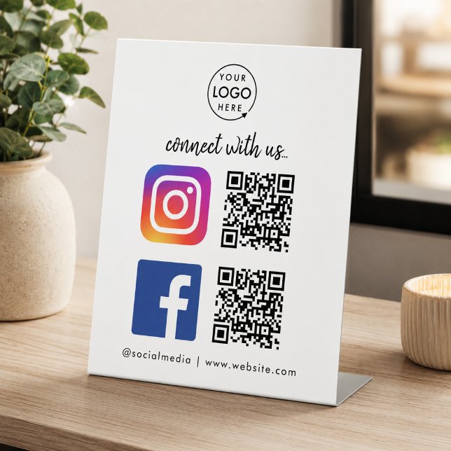 Social Media Tabletop Sign | Instagram Facebook QR (Connect with us QR code tabletop signs to promote your social media - Instagram, Facebook & more!)