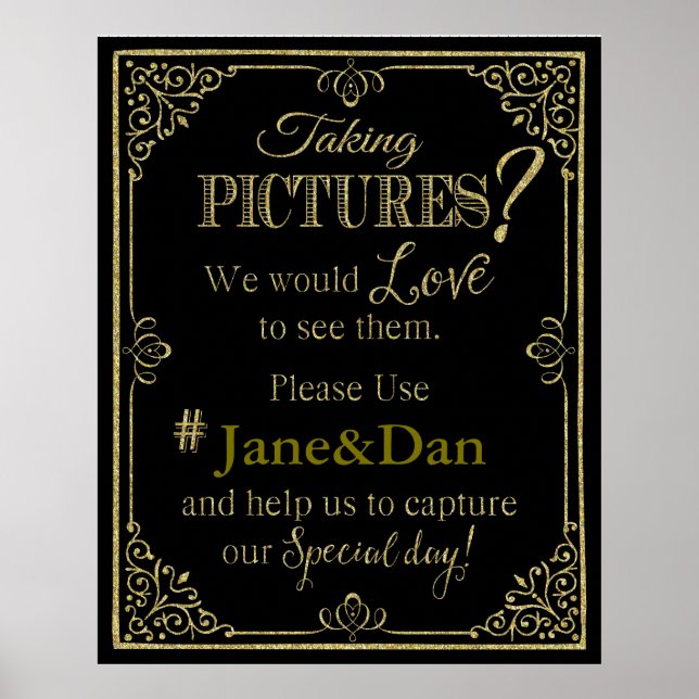 social media wedding sign elegant gold glitter (Front)