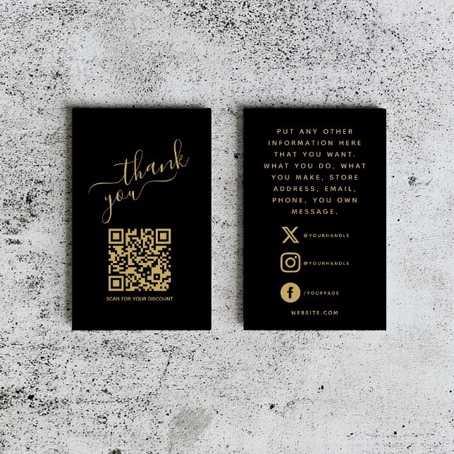 Social QR code gold thank you insert Card (Elegant black thank you insert card with gold script, QR code, and social media details.)