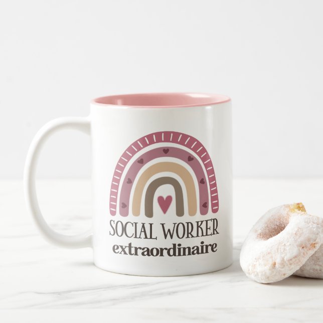 Social Worker Appreciation Boho Rainbow Two-Tone Coffee Mug (With Donut)