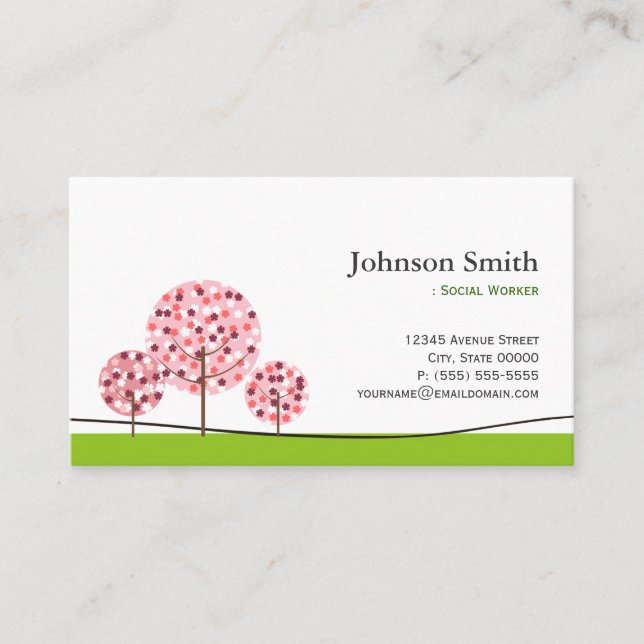 Social Worker - Cute Pink Wishing Tree Logo Business Card (Front)