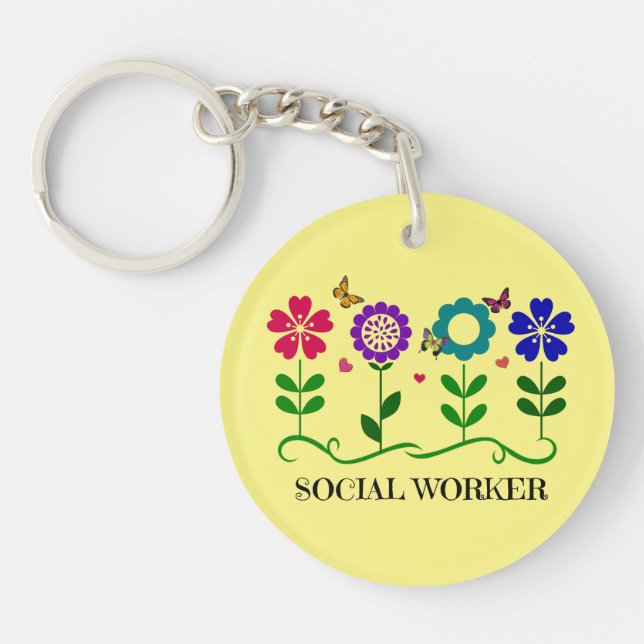 Social Worker...Flowers, Hearts, and Butterflies. Key Ring (Front)