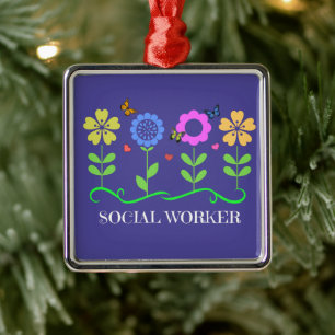 "Social Worker," Graphic Spring Flowers, Metal Tree Decoration