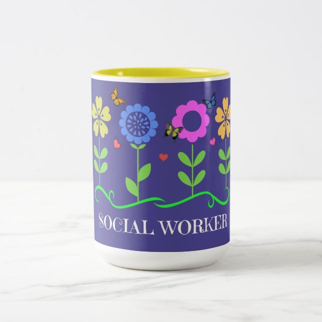 "Social Worker," Graphic Spring Flowers Two-Tone Coffee Mug (Center)