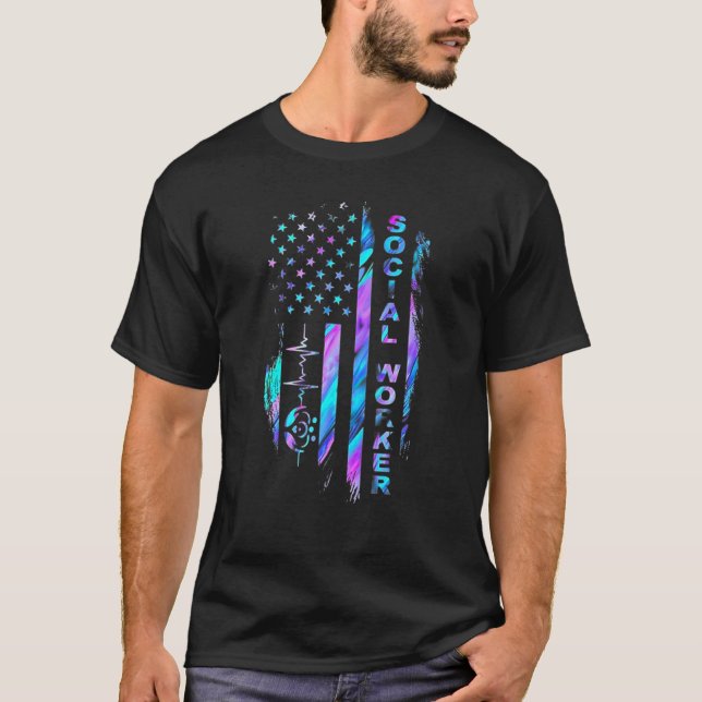 Social Worker Heartbeat American Flag Hologram T-Shirt (Front)