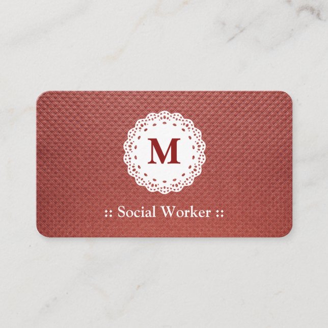 Social Worker Lace Monogram Maroon Business Card (Front)