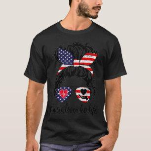 Social Worker Life Messy Bun USA Flag Glasses of T-Shirt