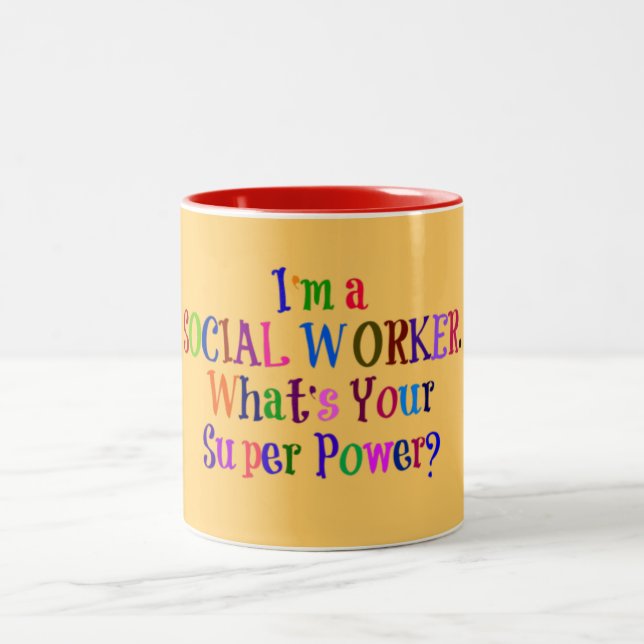 Social Worker Superhero, Colourful Text Two-Tone Coffee Mug (Center)