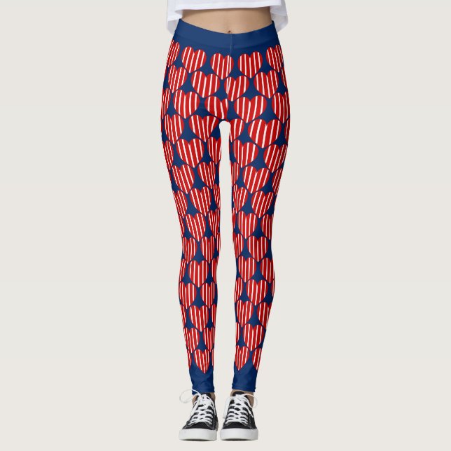 Socialite Blue Red White Striped Hearts Pattern Leggings (Front)