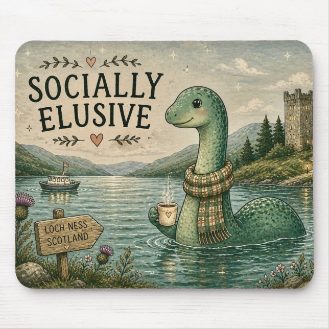 Socially Elusive Nessie Cosy Cryptid Loch Ness  Mouse Mat (Front)