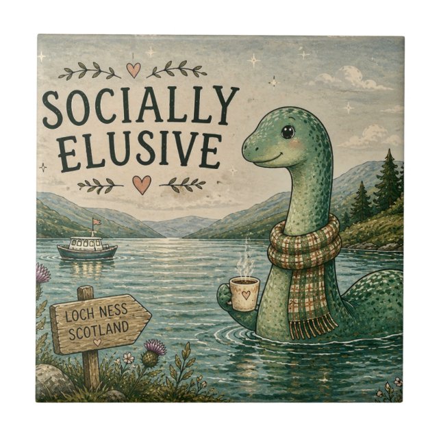 Socially Elusive Nessie Cosy Cryptid Loch Ness  Tile (Front)