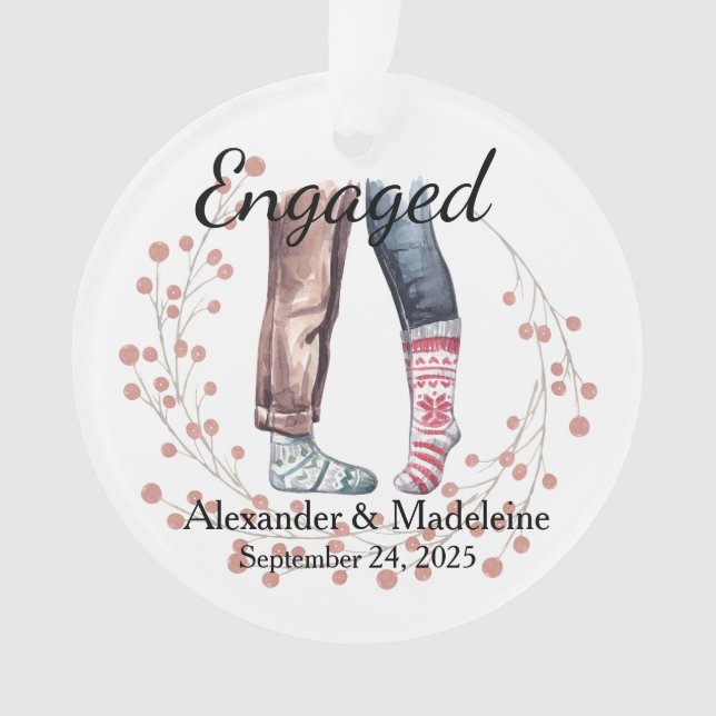 Sock Couple Celebrates "Engaged" Acrylic Ornament (Front)