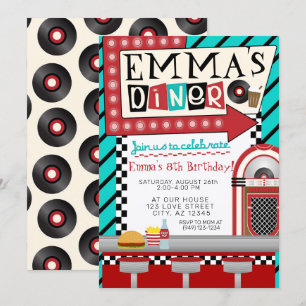 Sock Hop 50's diner juke box & records Birthday Invitation