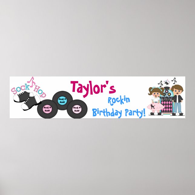 Sock Hop 50's Retro Birthday Party Banner Poster (Front)