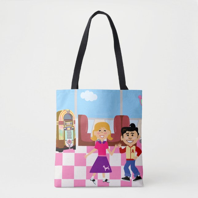 Sock Hop Diner Love Fun Retro Cartoon Design Tote Bag (Front)