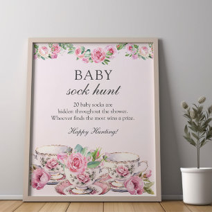 Sock Hunt Baby Shower Game Vintage Tea Cups Pink Poster