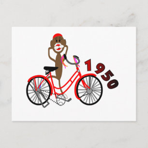 Sock Monkey % 1950's Bicycle Drawing--Unique Postcard