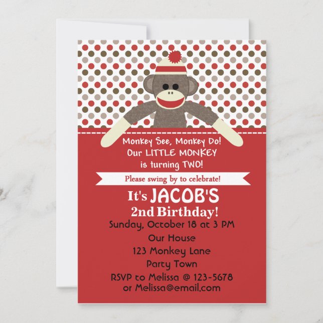 Sock Monkey 2nd Birthday Party invite - customise (Front)