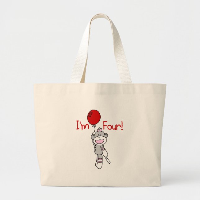 Sock Monkey 4th Birthday Tshirts and Gifts Large Tote Bag (Front)