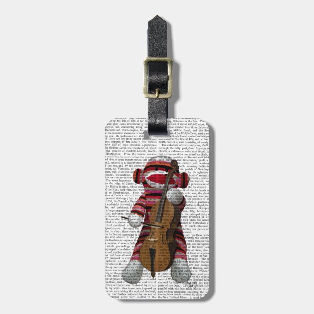 Sock Monkey and Cello Luggage Tag (Front Vertical)