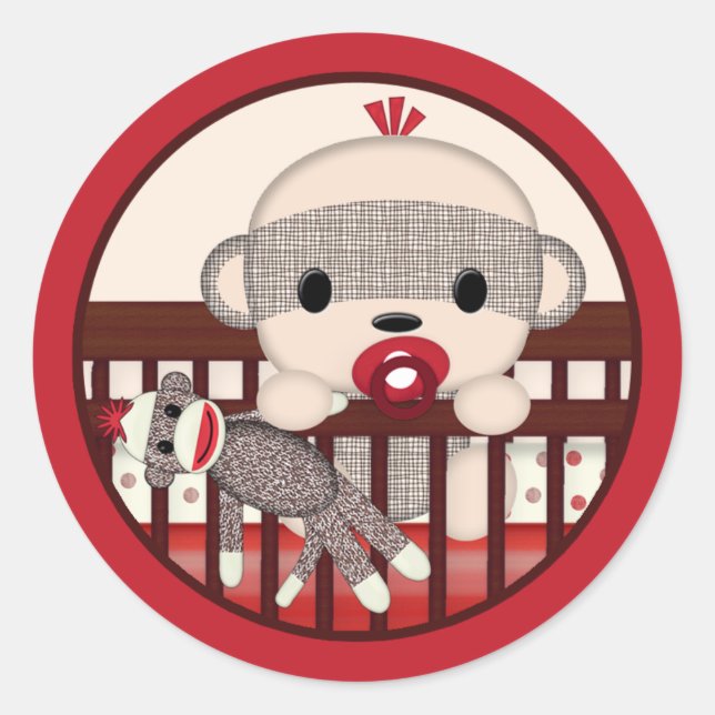 SOCK MONKEY Baby Shower Crib Seal Round BOY (Front)