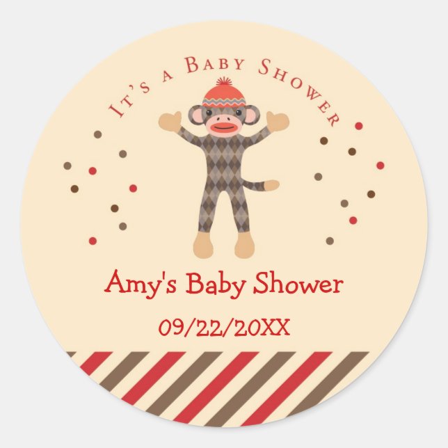 Sock Monkey Baby Shower Favour Sticker (Front)