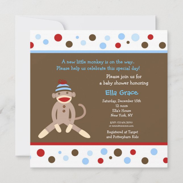 Sock Monkey Baby Shower Invitations Boy (Front)