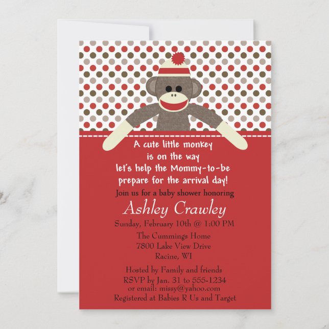 Sock Monkey Baby Shower invite - customise (Front)