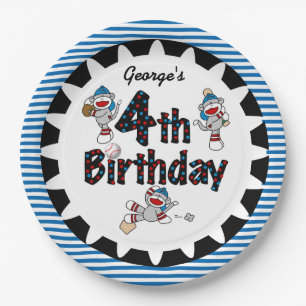 Sock Monkey Baseball 4th Birthday Paper Plates