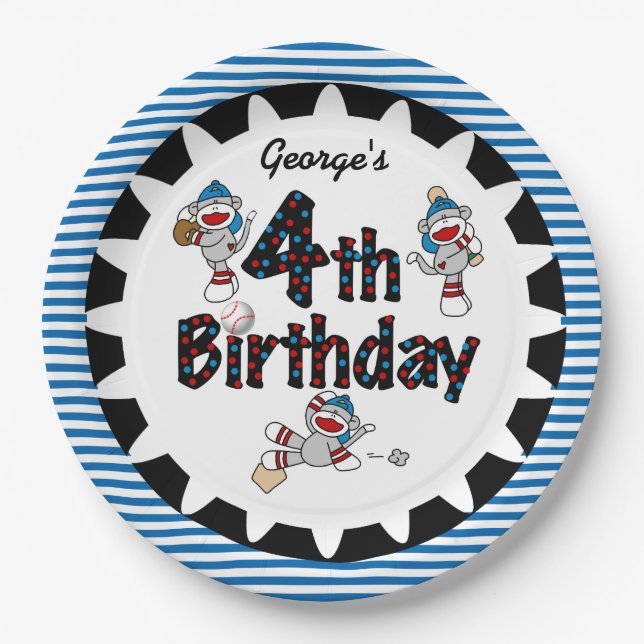 Sock Monkey Baseball 4th Birthday Paper Plates (Front)