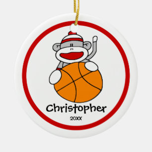 Sock Monkey Basketball Boy"s Christmas Ornament
