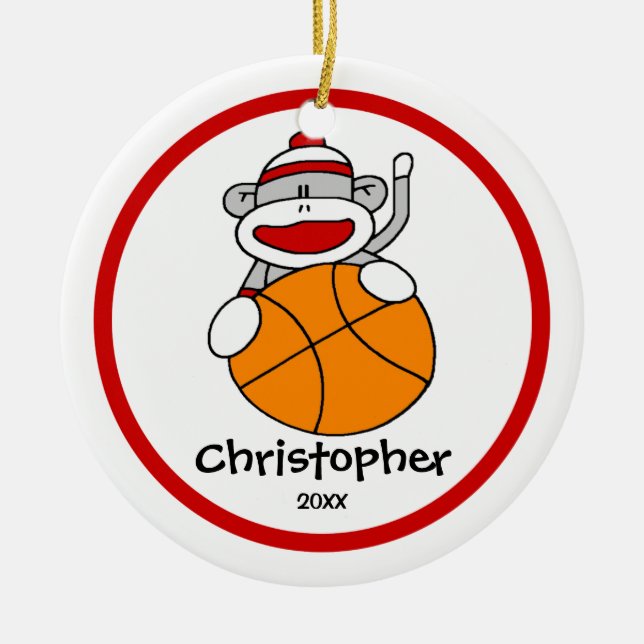 Sock Monkey Basketball Boy"s Christmas Ornament (Front)