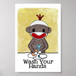 Sock Monkey Bathroom Reminder Wash Your Hands 4x6 Poster