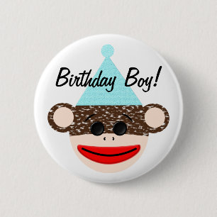 Sock Monkey Birthday Boy Button