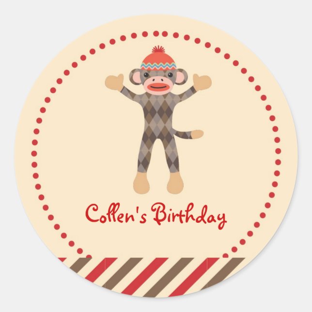 Sock Monkey Birthday Favour Sticker (Front)