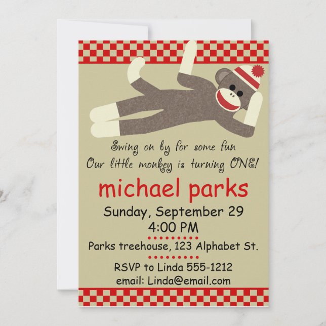 Sock Monkey birthday invitation customisable (Front)