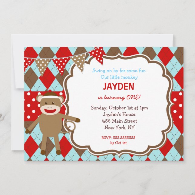 Sock Monkey Birthday Invitations (Front)