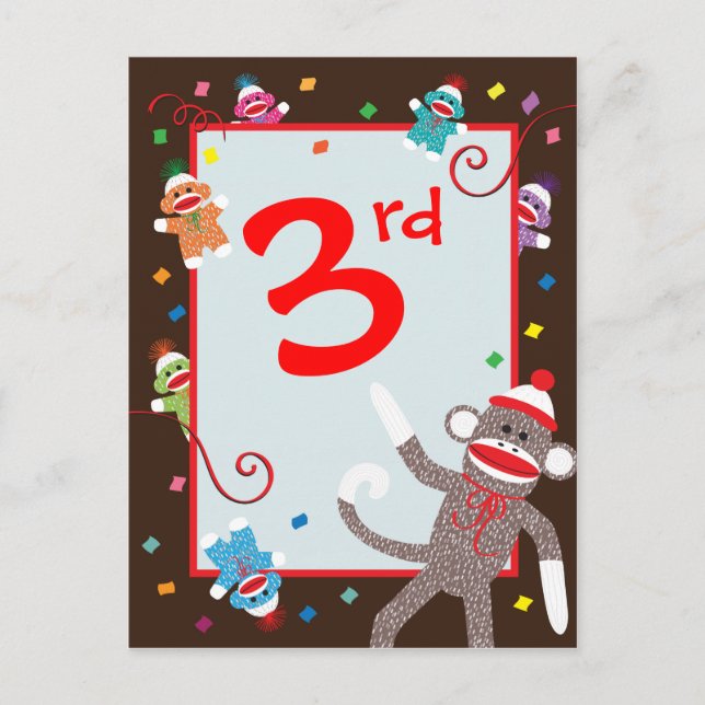 Sock Monkey Birthday Party Banner 3rd Postcard (Front)