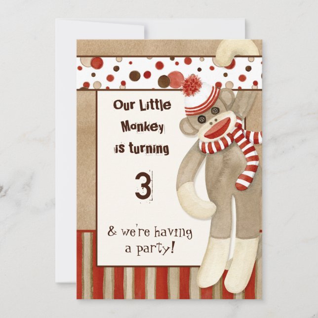 Sock Monkey, Birthday Party Invitation (Front)