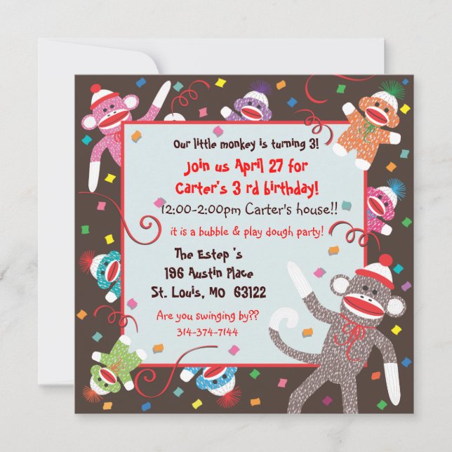 Sock Monkey Birthday Party Invitation Card (Front)