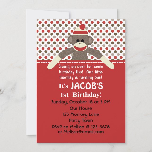 Sock Monkey Birthday Party invitation - customise (Front)
