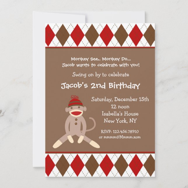 Sock Monkey Birthday Party Invitations (Front)