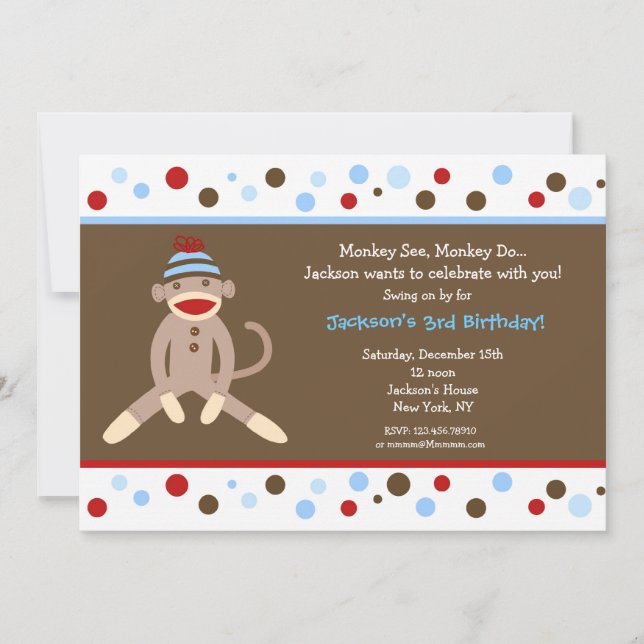 Sock Monkey Birthday Party Invitations Boy Kids (Front)