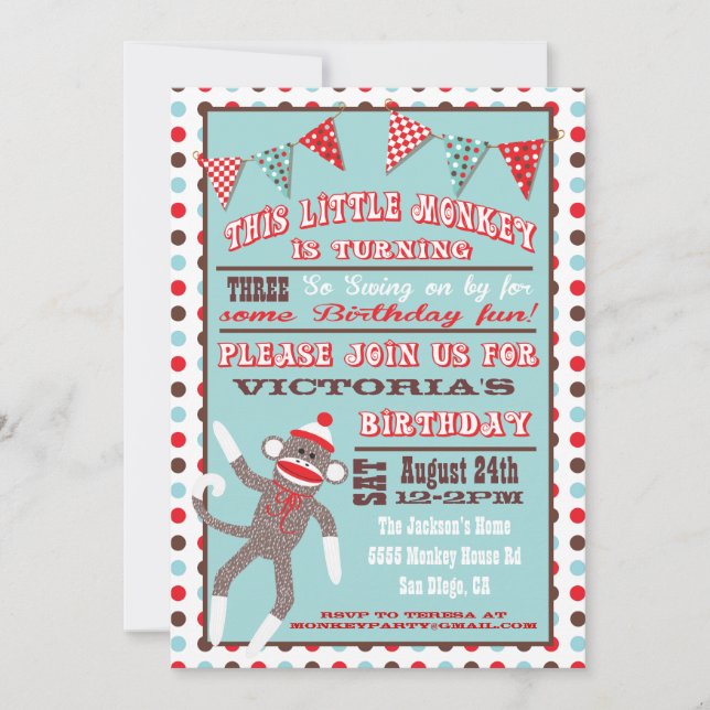 Sock Monkey Birthday Party Poster Invitation (Front)