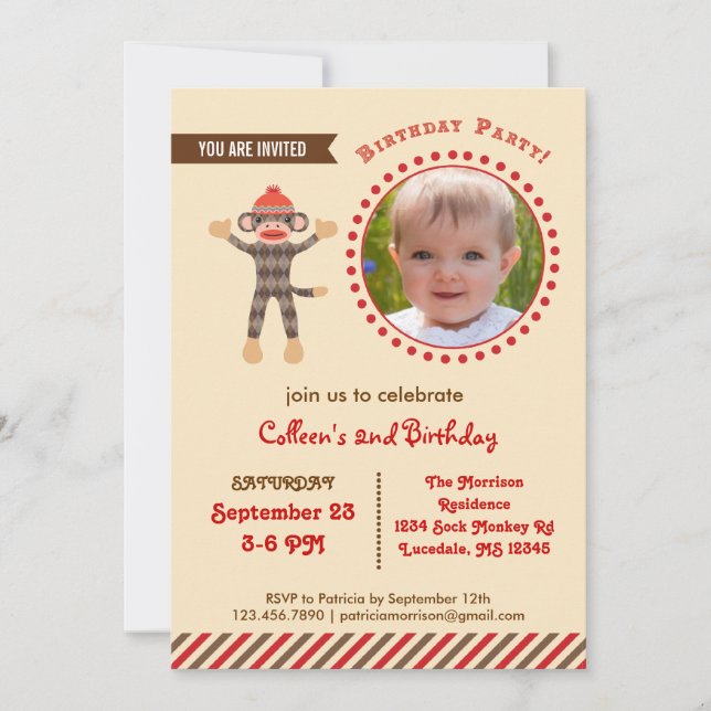 Sock Monkey Birthday Photo Invitation (Front)