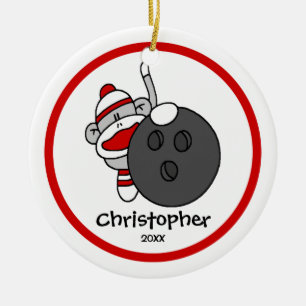 Sock Monkey Bowling Boy"s Christmas Ornament