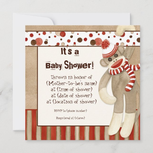 Sock Monkey, Boy Baby Shower Invitation (Front)