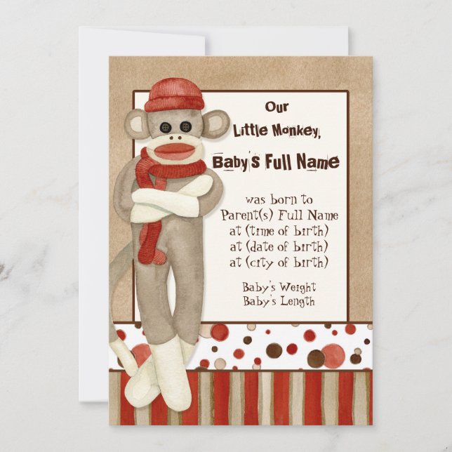 Sock Monkey, Boy Birth Announcement (Front)